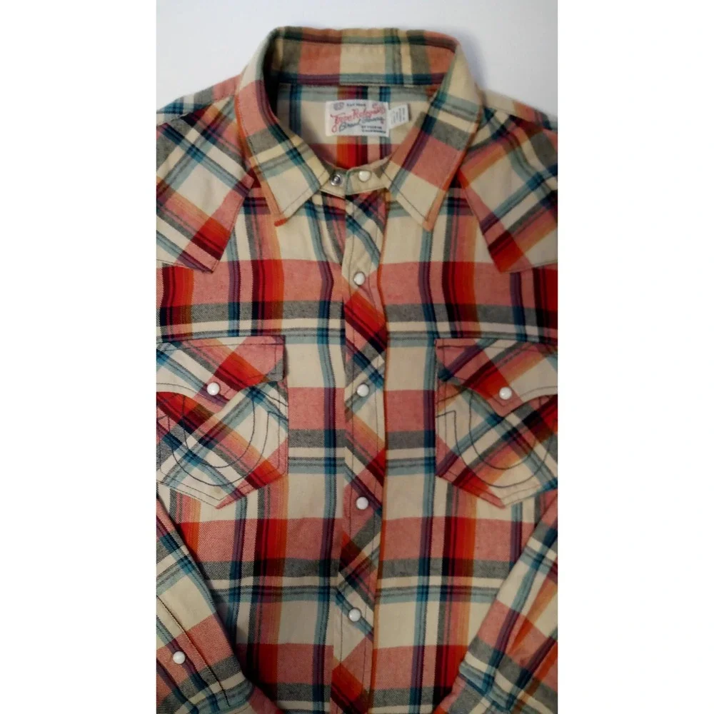 True Religion Mens 2XL Shirt Western Plaid Pearl Snap Long Sleeves TIGHT FITTING